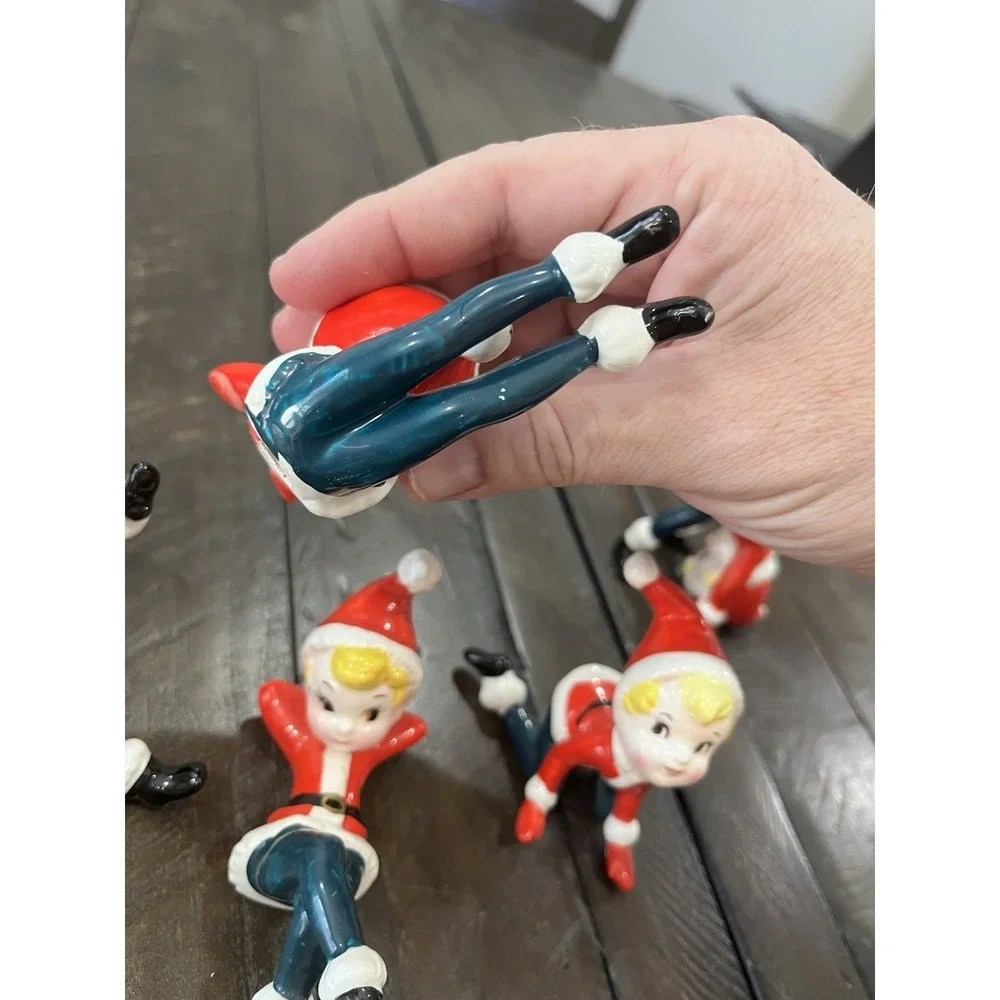 Complete Set of 6 Vintage Christmas Tumbling Elf Pixie Figurines Japan As‎ Is
